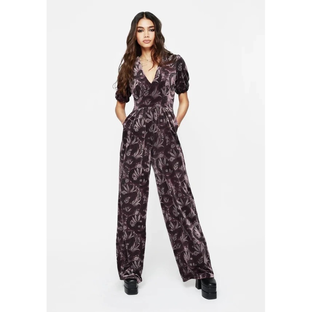 Disturbia Deception Snake Foil Print Velour Jumpsuit Size 14 Boho Whimsigoth - Picture 2 of 14